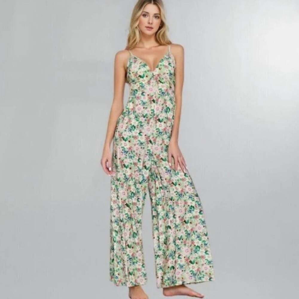 AAKAA Akira Floral Wide Leg Jumpsuit Size Small Green/Pink NWT